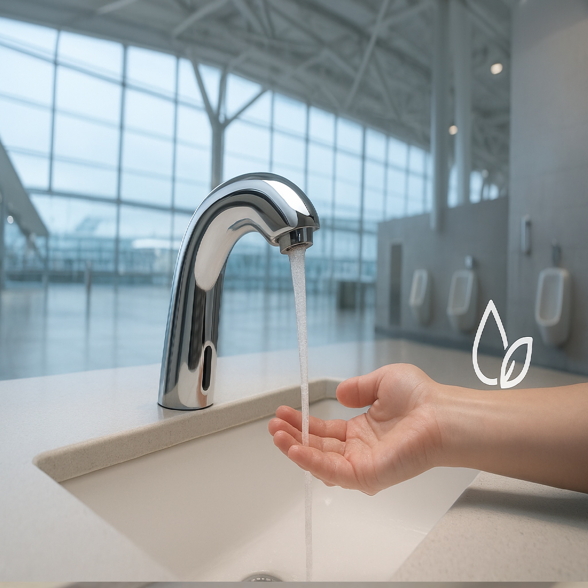 Water-saving touchless bathroom fixtures for airports and stadiums